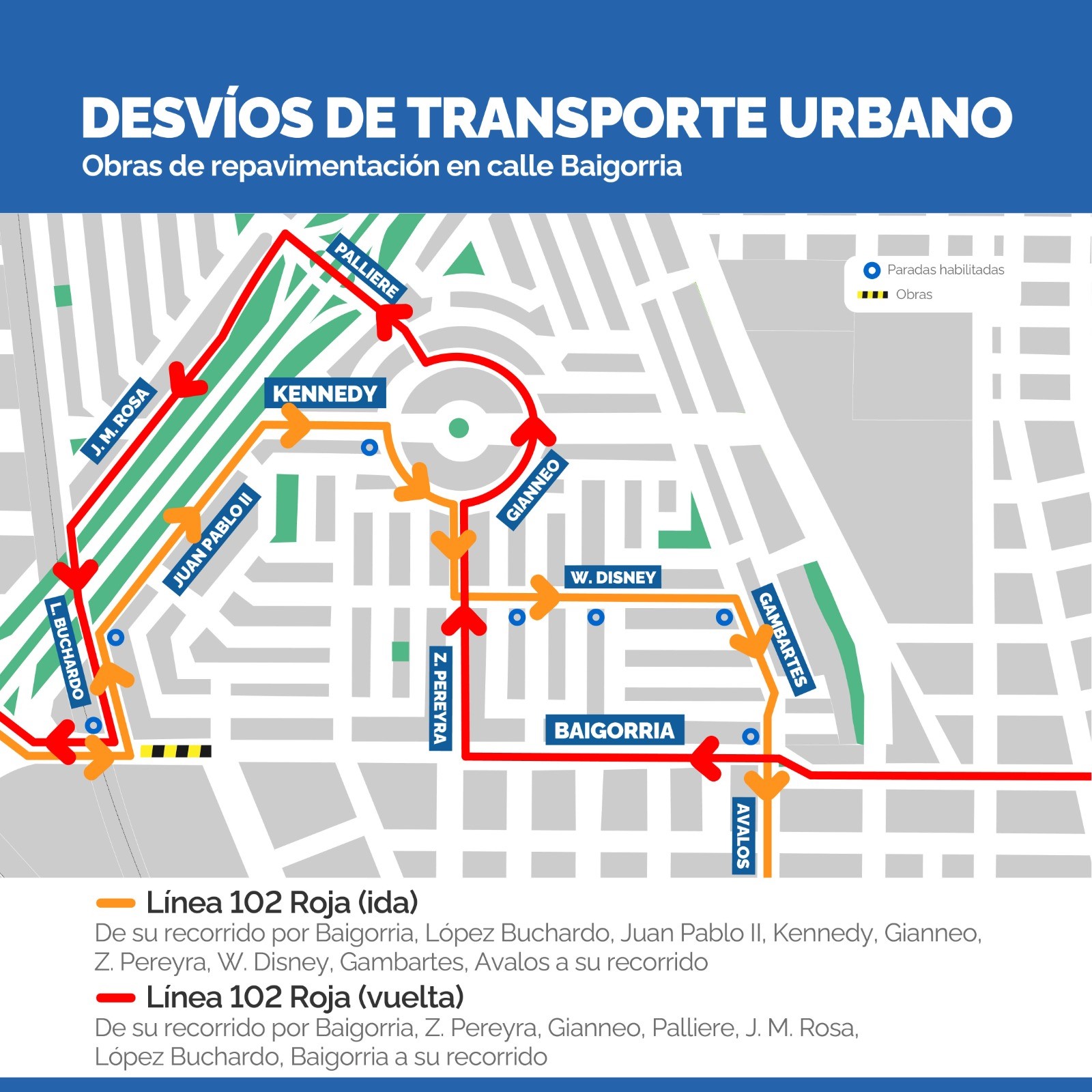 Desvíos de la línea 102 por obras en calle Baigorria