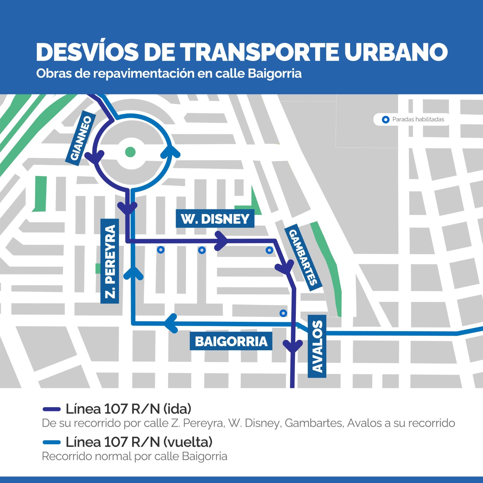 Desvíos de la línea 107 por obras en calle Baigorria